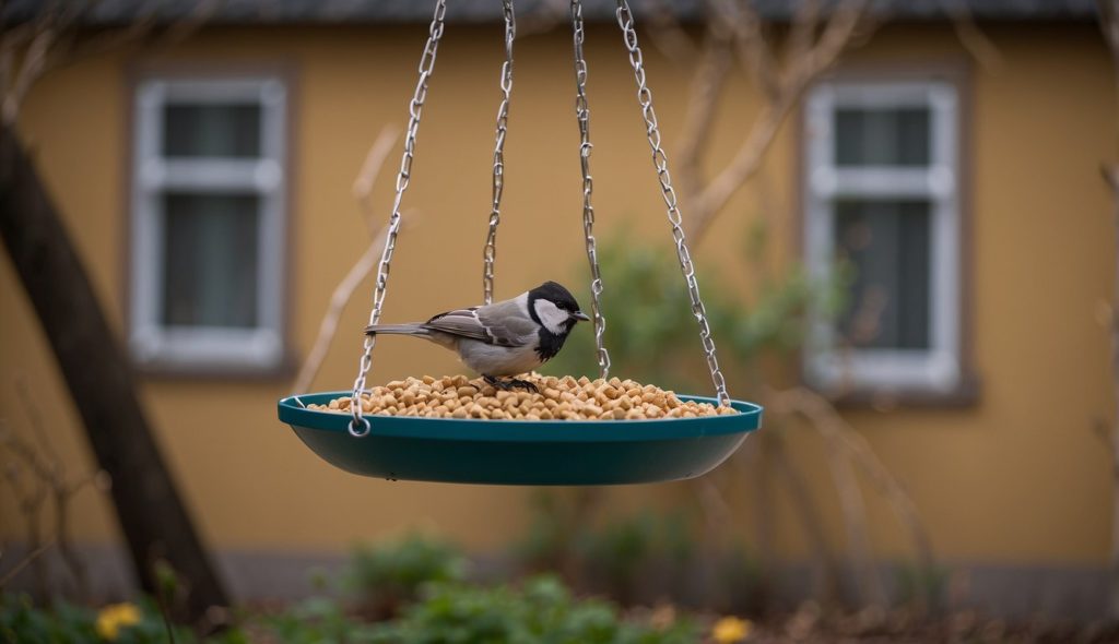 sparrow in a hanging bird feeder with house in the background