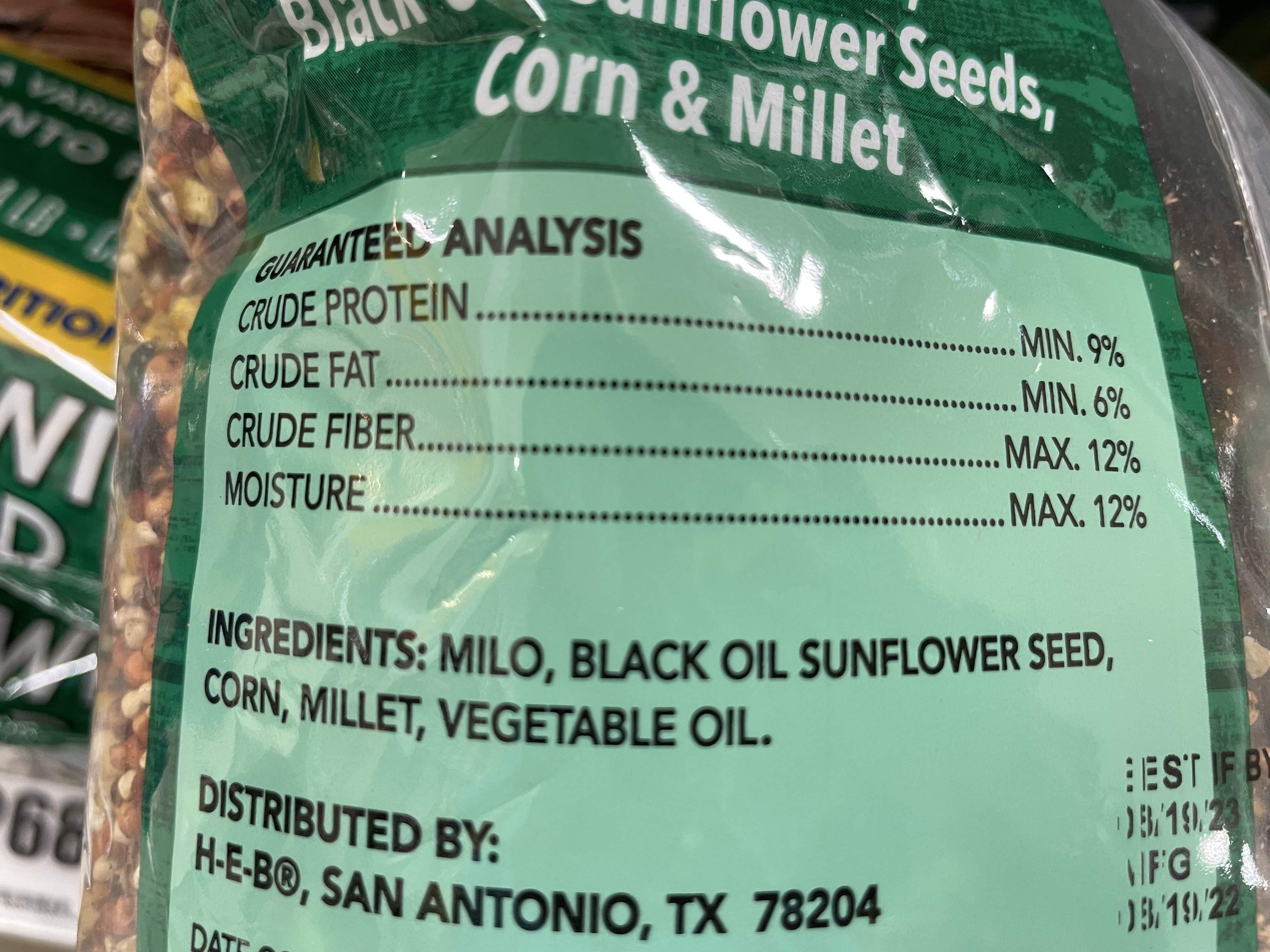 closeup of bird seed mix ingredients list