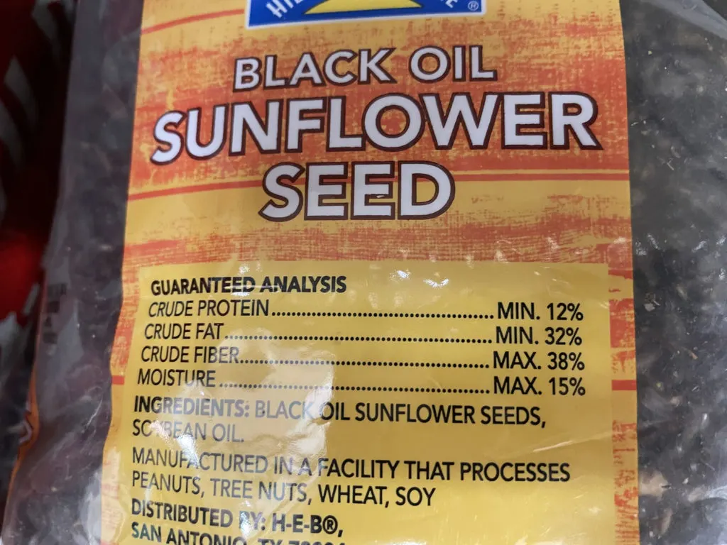 bag of black oil sunflower seed showing nutritional analysis