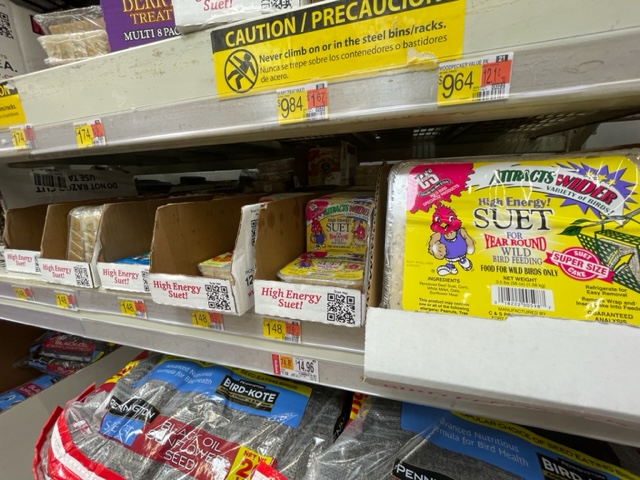 different types of suet on shelves at Walmart