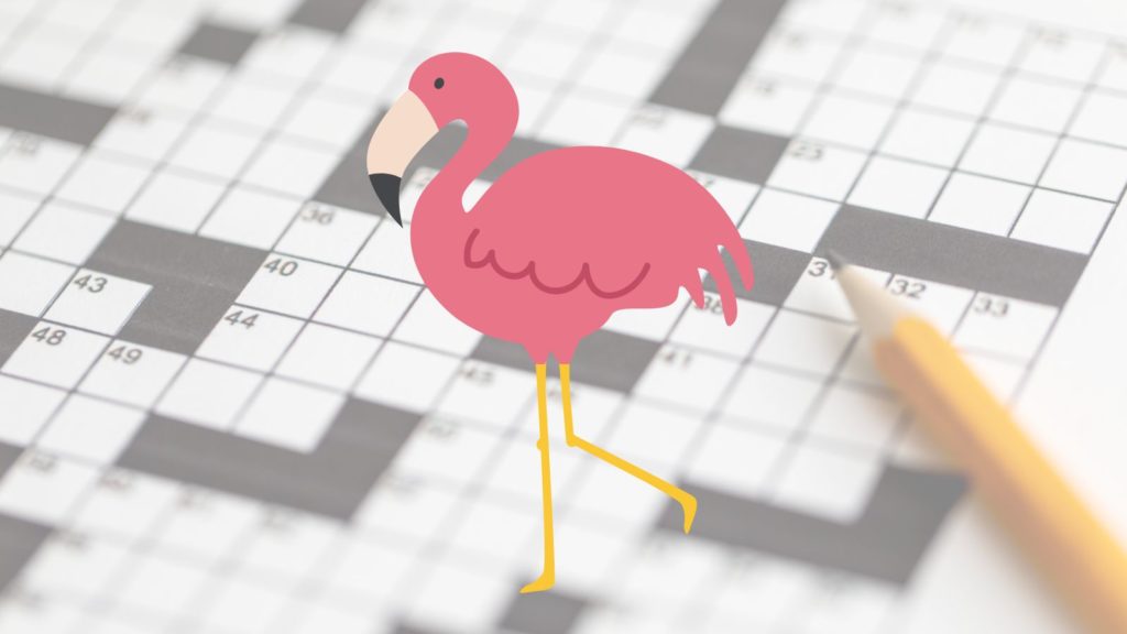 background of crossword puzzle with graphic of pink flamingo in center of image